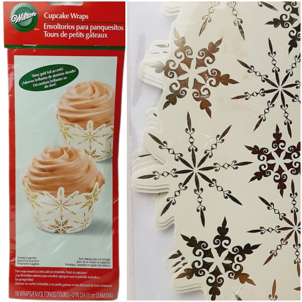 🍒4 for $20🍒 18ct. WILTON Cupcake Wraps White Gold Foil Snowflakes